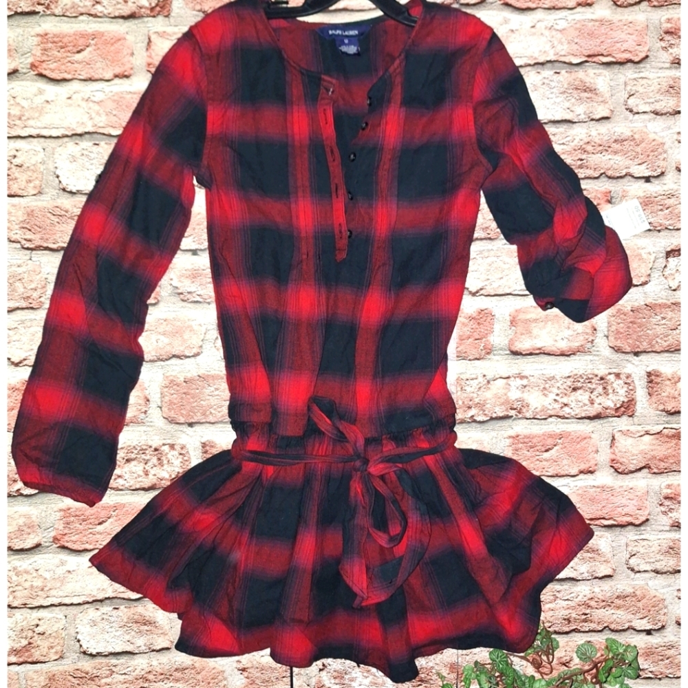 Ralph Lauren | Girls Dress Red Tartan Buffalo Plaid Red Black Flannel Roll Tab
